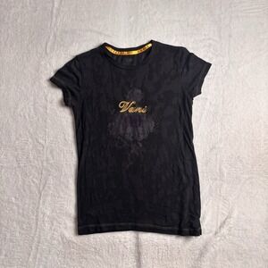Y2K Vans Sheer Skull Floral‎ Black Short Sleeve Shirt Women's Medium Crew Neck
